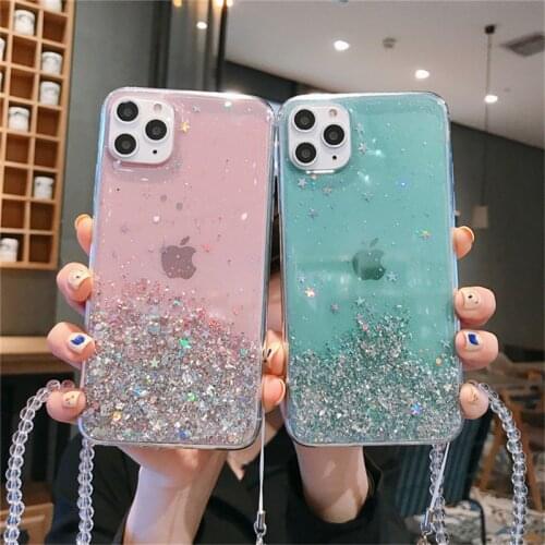 Moskado Glitter Bling Pailletten Stars Case iPhone12 11 Pro Max XR XS Max 7 8 6 6s Plus soft TPU Back Cover Met Kristal lanyard