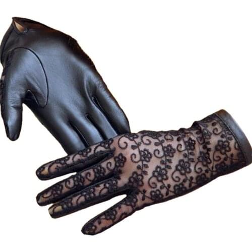 Black sexy lace gloves high quality ladies genuine leather sheepskin gloves sun protection gloves mittens