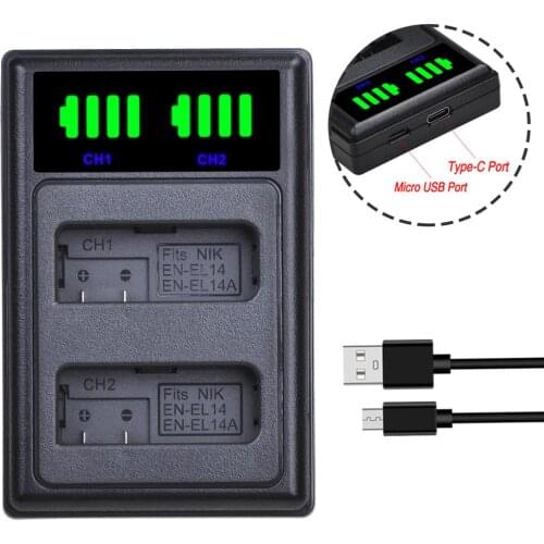 1× EN-EL14 EN-EL14a ENEL14 LED USB Dual Charger with Type C Port for Nikon P7800 P7700 D3400 D5500 D5300 D5200 D3200 D3300 D5100