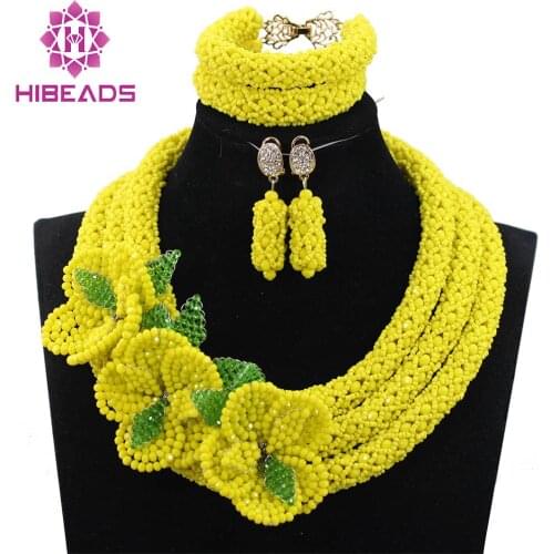 Fantastic Yellow African Wedding Beads Jewelry Set Crystal Flower Occassion Jewelry Necklace Set for Women Free Shipping WE006