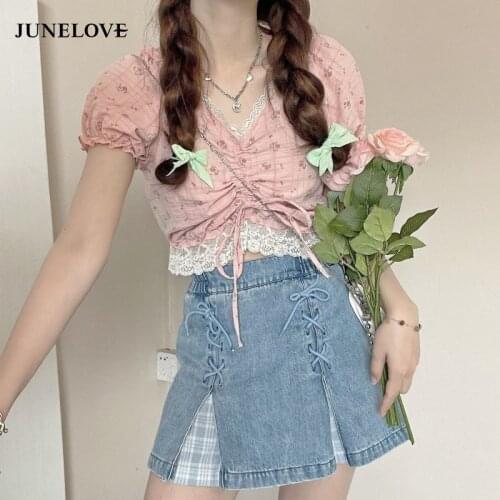 JuneLove Japanese Kawaii Mini Denim Skirt Sets Women Patchwork Korean Sweet Split Skirt Shorts Bandage Skirts+Print Blouse Suits