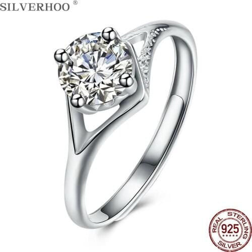 SILVERHOO 925 Silver Rings For Women Round 5A Cubic Zircon Romantic Adjustable Female Ring Engagement Jewelry Gift Recommend