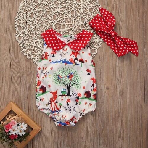 Pudcoco Newborn Infant Baby Girl Clothes Peter pan collar Fox Print Rompers Jumpsuit +Headband Outfits Baby Summer Clothing