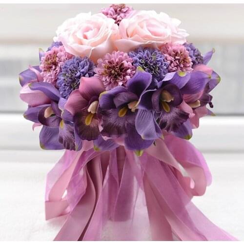 Beautiful Purple Pink Color Bridal Bridesmaid Flower Wedding Bouquet Artificial Flower Rose Bridal Bouquets