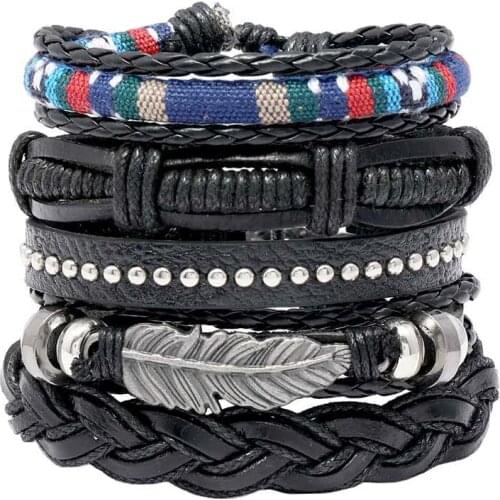 Punk Multilayer Braided Leather Bracelet Set Men Jewelry Metal Wings Charms Wrap Bracelets for Women Hand Strap
