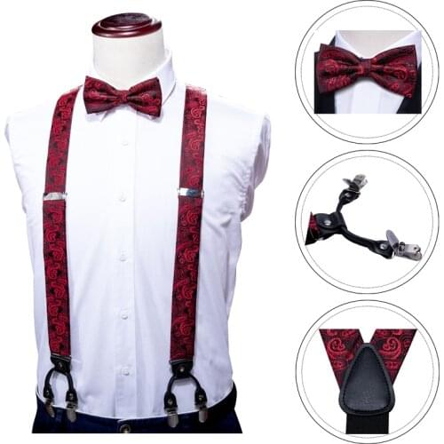 Mens Fashion Suspenders Shirt Bow Tie Red Paisley Hanky Set Woven Y-Back Silk Suspender No-slip Silver Clips Barry.Wang BB-2001