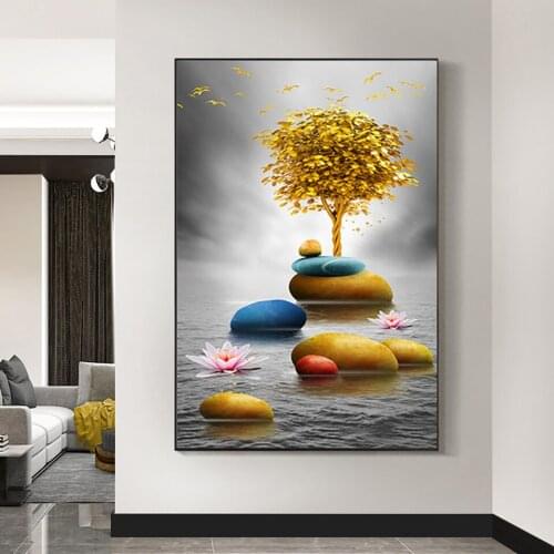 High Definition Printing Modern Luxury Art Golden Stone Tree And Landscape Painting Wall Pictures Living Room Home Bedroom Decor