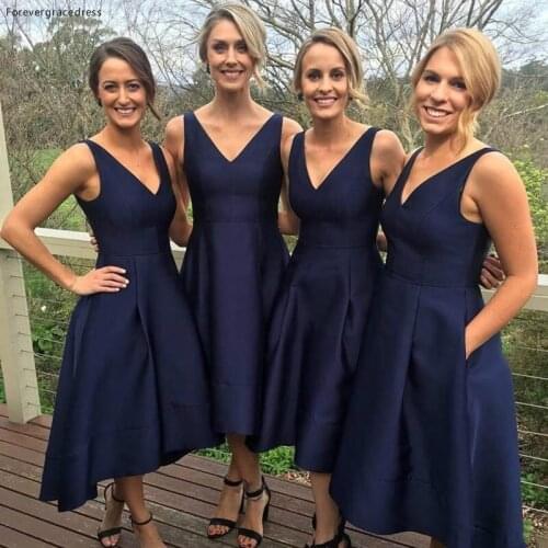 Tea Length Navy Blue Bridesmaid Dress A Line Short Pockets Gown Plus Size Custom Made