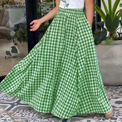 ZANZEA Women Elegant Skirts 2021 Summer Plaid Long Maxi Skirts Casual Elastic Waist Bottoms Female A-line Skirts Oversized 5XL
