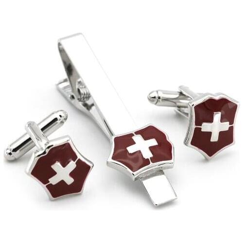 10sets/lot Vintage Red Cross Cufflinks Tie Clip Set Copper Enamel Cross Shield Cuff Links&Tie Pin Bar Set Men Jewelry Wholesale