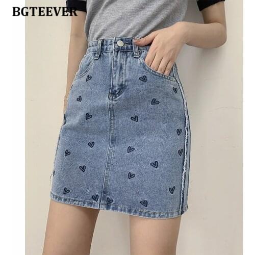 BGTEEVER Chic Elegant Heart Embroidery Denim Mini Skirt for Women High Waist Button Loose Female A-line Jeans Skirts 2021 Summer