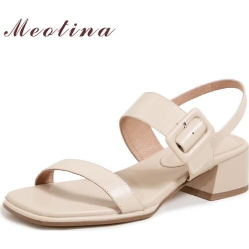 Meotina Women Sandals Genuine Leather Sandals Shoes Square Toe Thick Heel Sandals Summer Buckle Strap Ladies Footwear Apricot 40