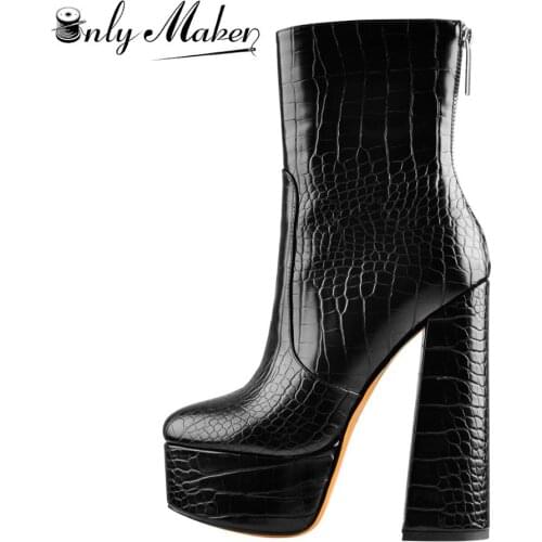 Onlymaker Womens Comfy Platform Chunky High Heels Ankle Booties Patent leather boots Round Toe Stone Pattern Waisted Short Boot