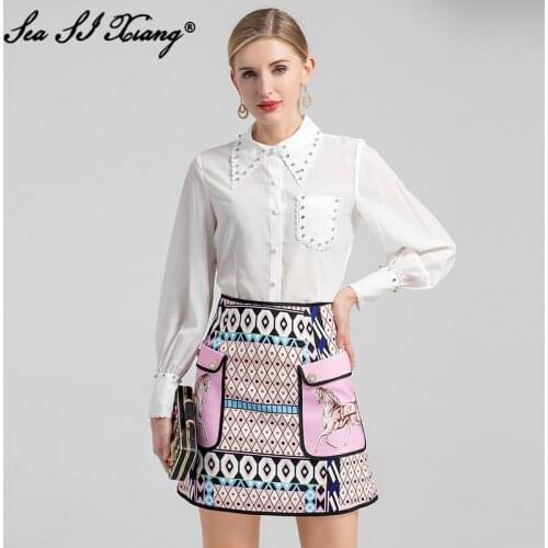 Seasixiang Fashion Designer Autumn Suit Women Crystal Diamonds Long Sleeve Tops + Vintage Print Skirt Two Piece Set