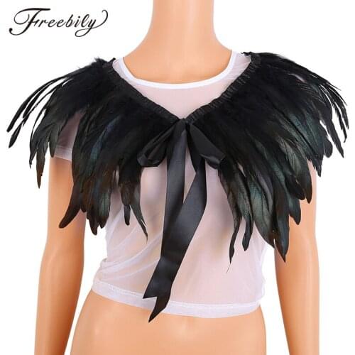 Womens Stole Fashion Iridescent Rooster Hackle Natural Feather Cape Shawl Collar with Ribbon Ties for Evening Fancy Dress Party