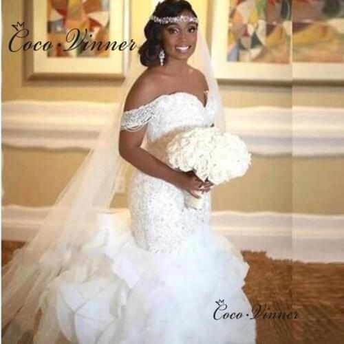 Lace Appliques Crystal Beaded Tassel Mermaid Wedding Dress 2021 New Plus Size Organza pleat Train Wedding Gown White Color W0830