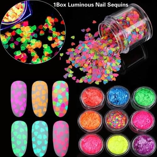 1Box New Glow In Dark Beauty Holographic Art Fluorescence Manicure Decor Luminous Nail Sequins Heart Shaped Flakes