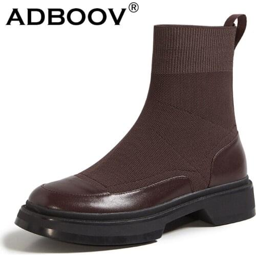 ADBOOV Plus Size 35-43 Elegant Sock Boots Women Genuine Leather Slip On Ankle Boots Ladies Shoes
