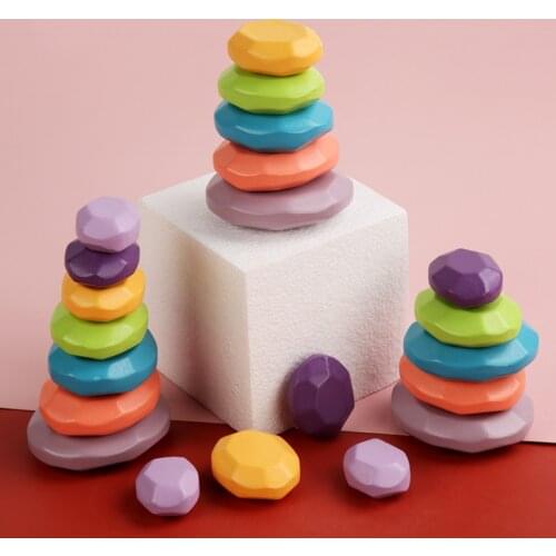 Kids Wooden Toys Rainbow River Pebbles Nature Flat Stone Dolls Rings Balls Building Blocks/baby Stacking Game Motessori Toy