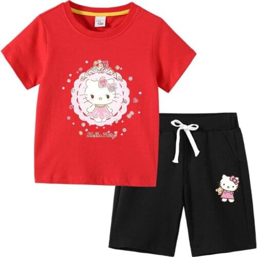 Sanrio hello kitty 2021 childrens Pure cotton suit summer girl treasure hot pants short-sleeved T-shirt shorts leisure sports
