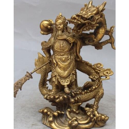 Exquisite Fengshui brass Guan Gong Yu Warrior God Sword Stand in Dragon Statue
