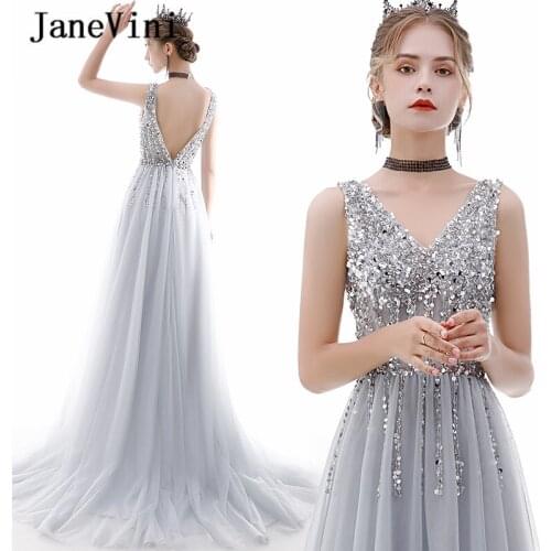 JaneVini Sexy Silver Gray Tulle Prom Dresses Plus Size 2019 V Neck A Line Beaded Long Party Dress Open Back Vestido Gala Largo