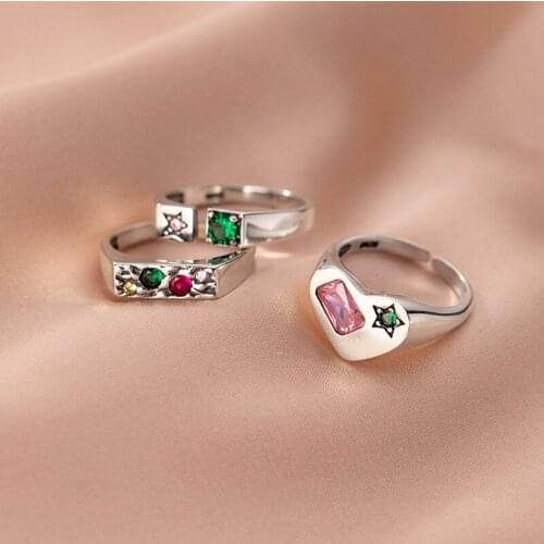 Loving Heart Rings Sterling Silver 925 For Women Pink Cubic Zirconia Green Stars Comfort Fit Ring Open Adjustable Eternity