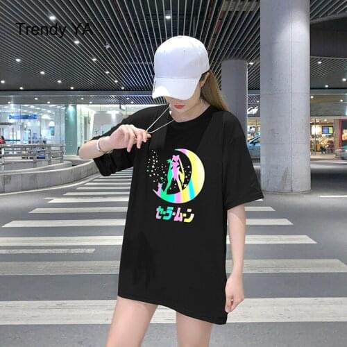 Colorful Reflective T-shirt Ins Summer Womens Beauty Girl Moon Comics Loose O-Neck Black Shirt