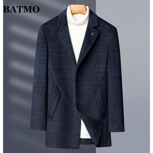 BATMO 2021 New autmun high qualit wool plaid trench coat men,male wool jackets coat,plus-size MY88206