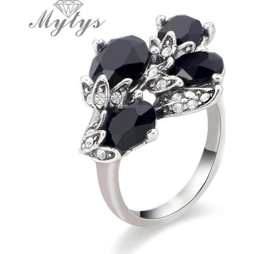 Mytys Black Crystal Ring for Women Flower Design Fashion Formal Party Ring Party Accessories R1038