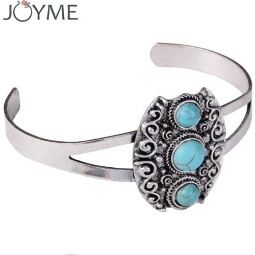 Joyme New Vintage Jewelry Individual Open Cuff Bracelets For Women Antique Tibetan silver Carved Blue Stone Bangles&Bracelets
