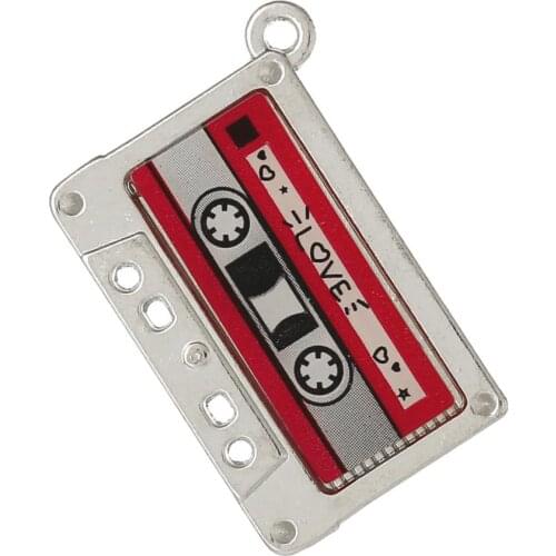 DoreenBeads Zinc metal alloy Charm Pendants Cassette Tape silver color Heart Pattern Inlaid faceteds 29mm(1 1/8")x 19mm ,1 Piece