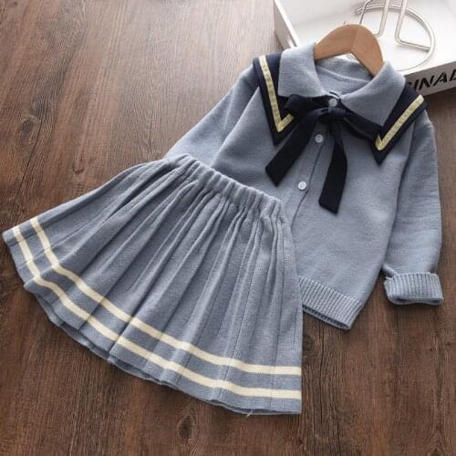 Preppy 2021 Autumn Knitwear Girl 2pcs Clothes Set Baby Pullover Bowtie Sweater+Pleated Skirt Kids Children Student Wear S12843