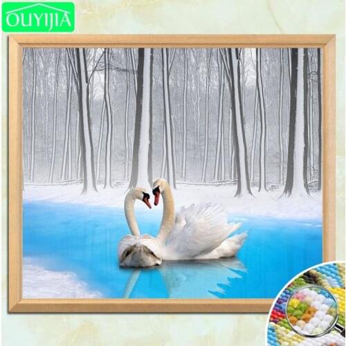OUYIJIA Swans Couple In Winter 5D DIY Diamond Painting Full Square Diamond Embroidery Picture Rhinestones Mosaic Decor Painting