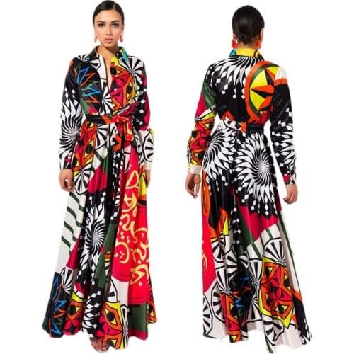 Printed Summer Womens Printed V-neck High Waist Long-sleeved Womens A-line Skirt Large Swing Type Commuter Skirt