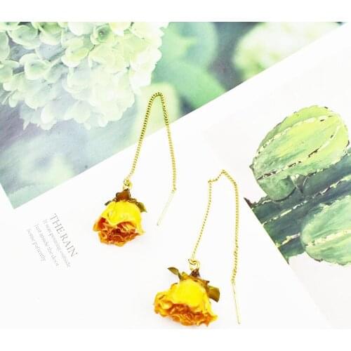 1Pair Pearl Tassels Earrings With Yellow Rose Petal Women Drop Earring Real Nature Dry Flower Jewelry