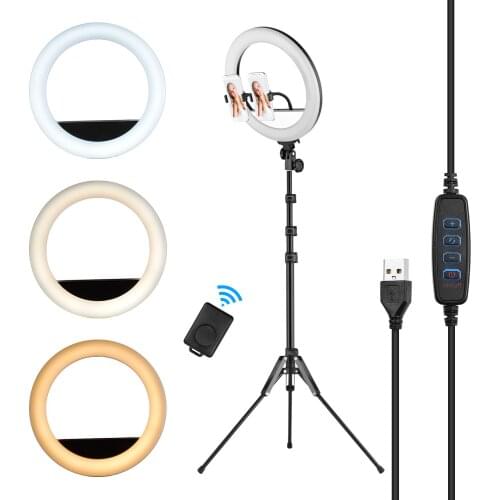 14inch Video LED Ring Light 3 Colors Dimmable Selfie Ring Light with Aluminum Alloy Tripod Dual Phone Holders Remote Shutter