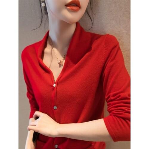 High-end womens new cashmere knit cardigan Slim simple v-neck solid color long-sleeved wool sweater FRSEUCAG Brand sweater