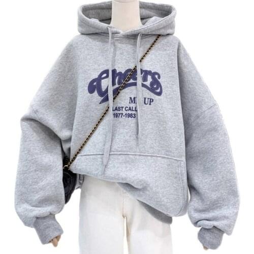 Korean Fashion New Product Women Hoodie Winter Sweatshirt Print Letters Chees Harajuku Long Sleeve Plus Velvet Pullover Female