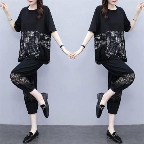 Plus Size L-5XL 2 Piece Set Women Pants Sets Solid Loose Top Shot Sleeve ans pant Summer Tracksuit Wholesale Dropshipping