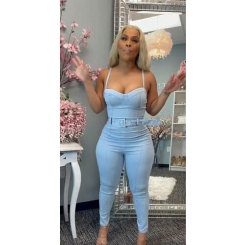 RMSFE 2021 Women Sleeveless Suspender Casual Fashion Slim Fit Backless Sexy Bandage Denim Jumpsuit