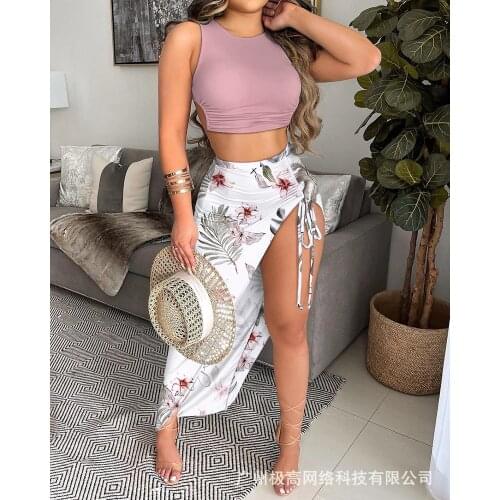 Womens 2021 new summer vest printed split skirt two-piece suit