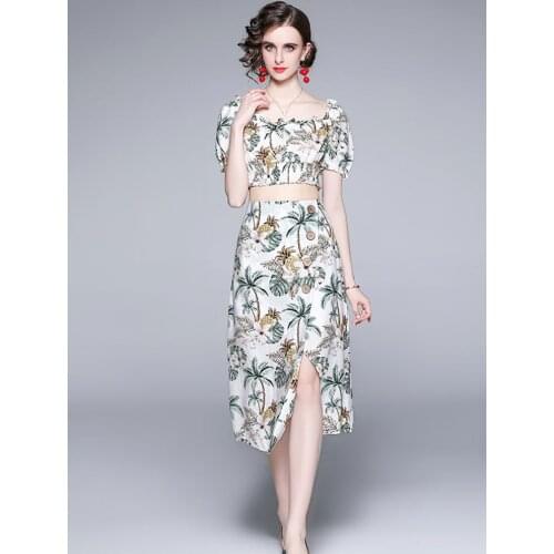 Summer Long Skirt Sets For Women 2021Short sleeve Chiffon Print Top With Beach Sexy Skirt Woman Suits Two Piece Outfits