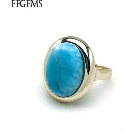 FFGems Natural Larimar Rings Sterling Real 925 Silver Gemstone Fine Jewelry Women Engagement Wedding Gift