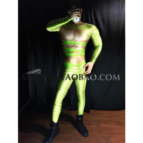Bar nightclub male singer fluorescent green 3D bundled fake muscles fake abdominal muscle one-piece party costumes orgy party