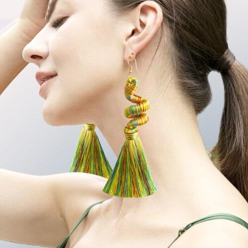 Flowy Spiral Cotton and Tassel Earrings Twine Thread Jewelry Ear Wires Minimal Boho Style Macrame Earrings Wedding Accessory