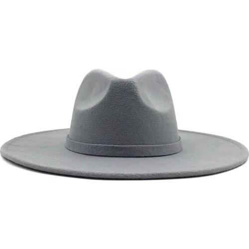 Fedora Wide Brim Hat For Women Solid Color Wool Felt Hat For Men Autumn Winter Panama Gamble gray Jazz Cap