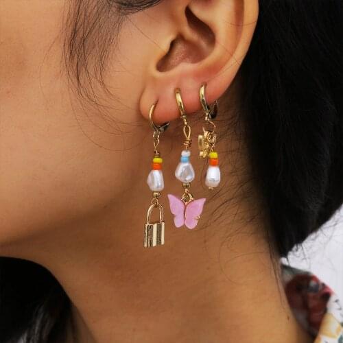 2021 Bohemian Vintage Golden Alloy Earrings Set for Women Girls Butterfly Lock Geometric Pendant Shell Earring Jewelry Gifts