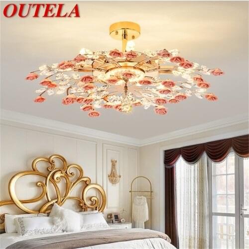 OUTELA Creative Chandeliers Light Crystal Pendant Lamp Red Flower Branch Home LED Fixture for Living Dining Room