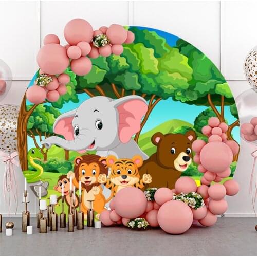 Laeacco Elephant Forest Baby Shower Birthday Photography Backdrop Cartoon Animal Customized Banner Round Circle Photo Background